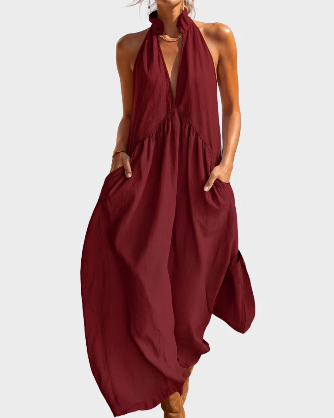 Willluxe® Sculpting Flowy Halter Maxi Dress with Pockets