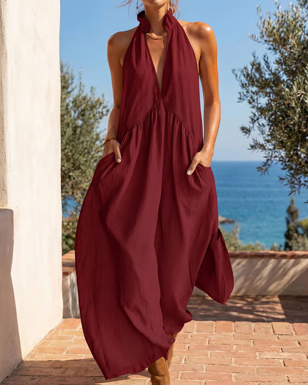 Willluxe® Sculpting Flowy Halter Maxi Dress with Pockets