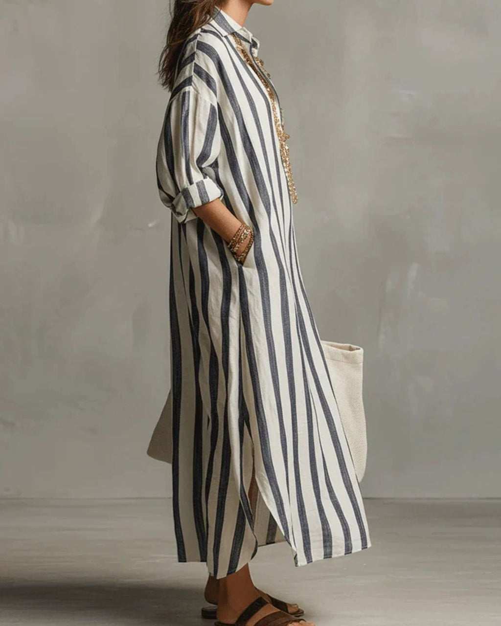 Willluxe® Casual Striped Shirt Boho Maxi Dress