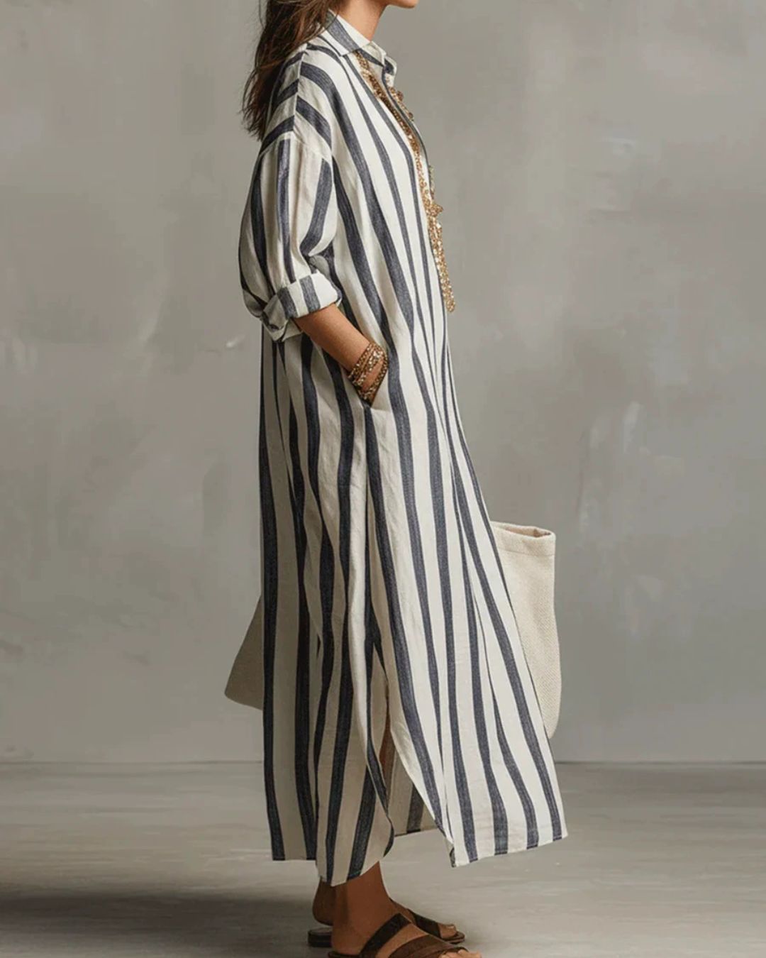 Willluxe® Casual Striped Shirt Boho Maxi Dress