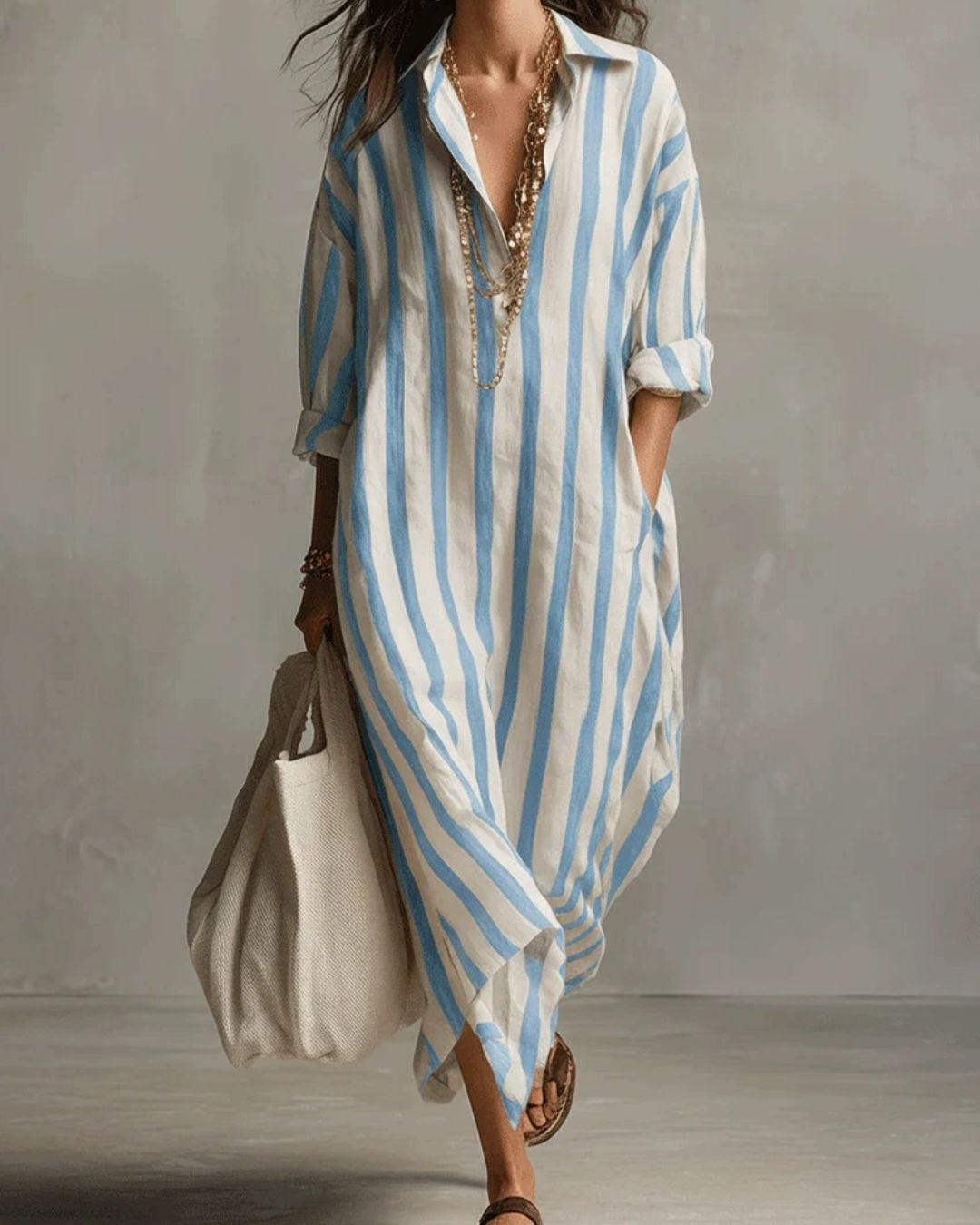 Willluxe® Casual Striped Shirt Boho Maxi Dress