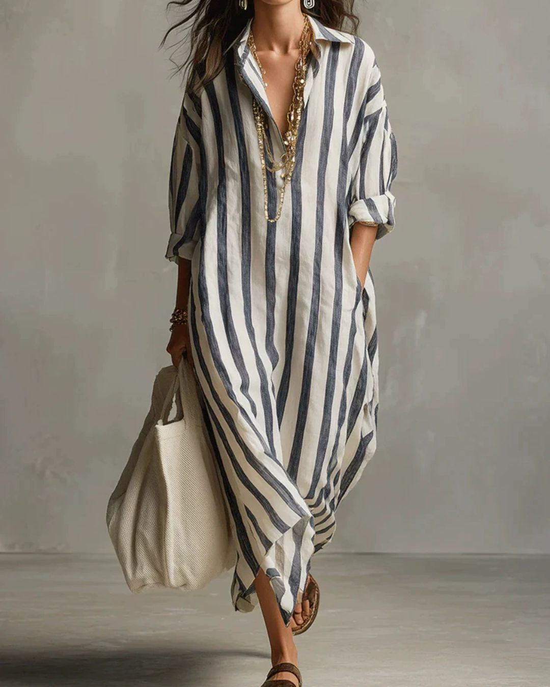 Willluxe® Casual Striped Shirt Boho Maxi Dress