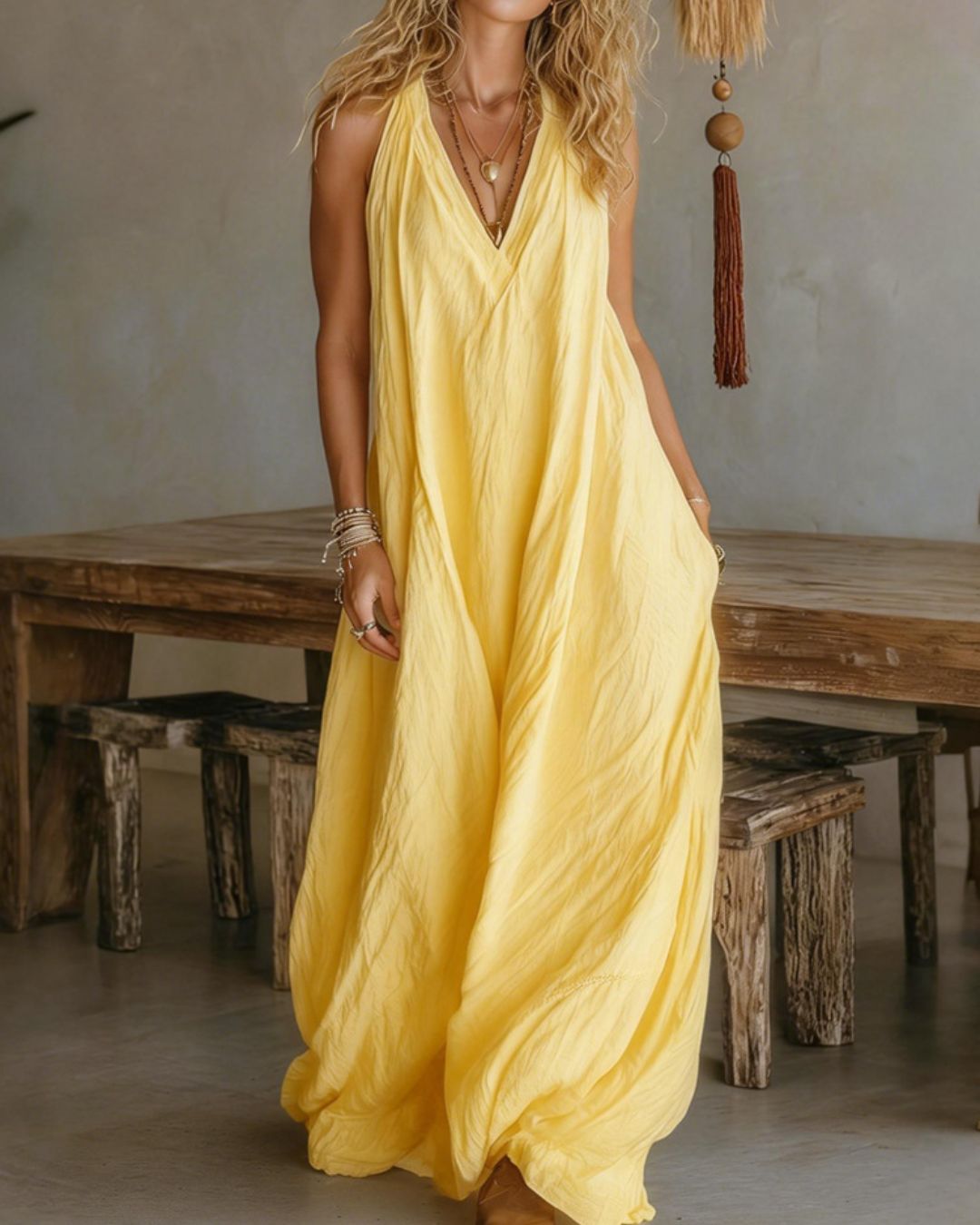 Willluxe® Flowy Boho V-Neck Halter Maxi Dress