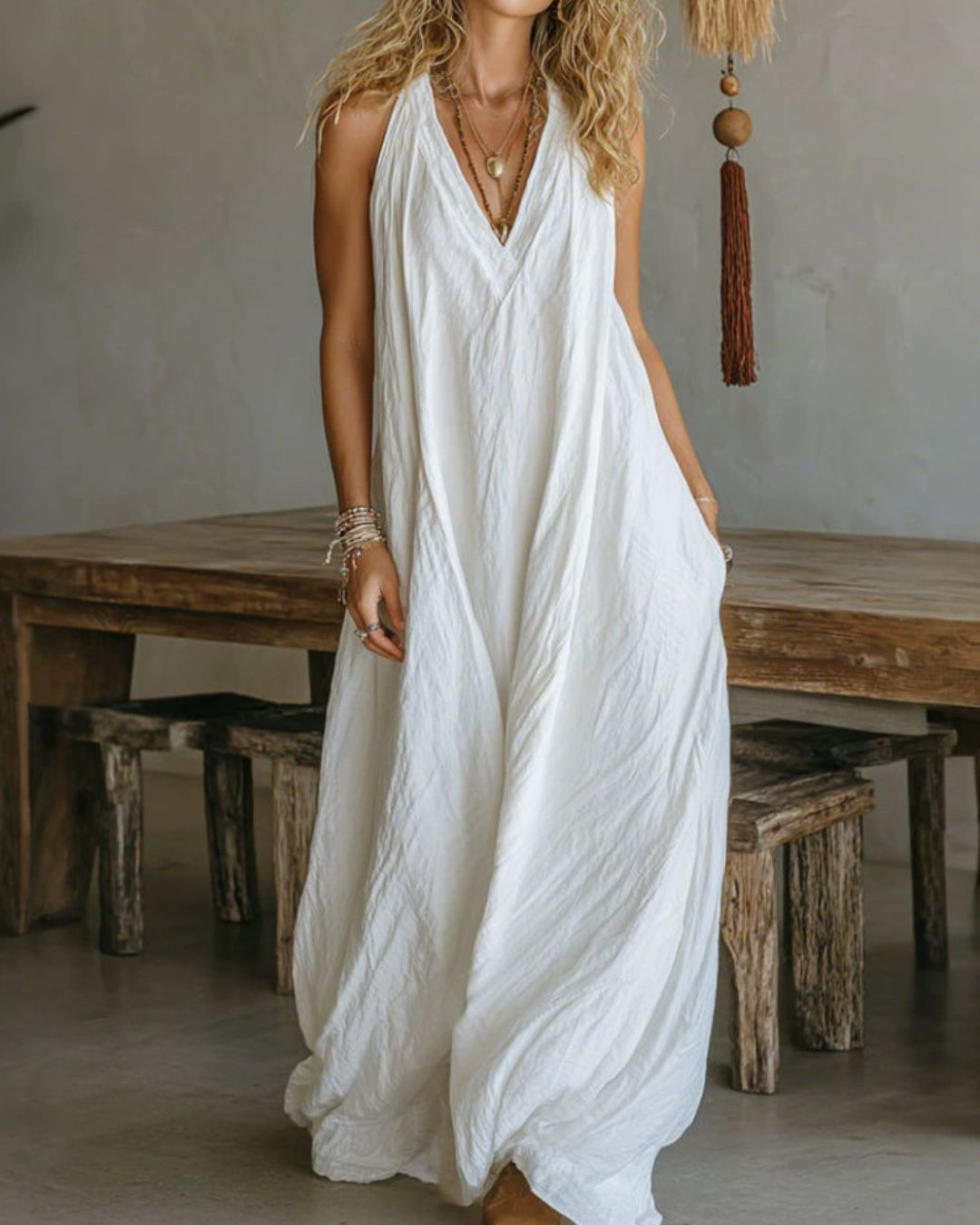 Willluxe® Flowy Boho V-Neck Halter Maxi Dress