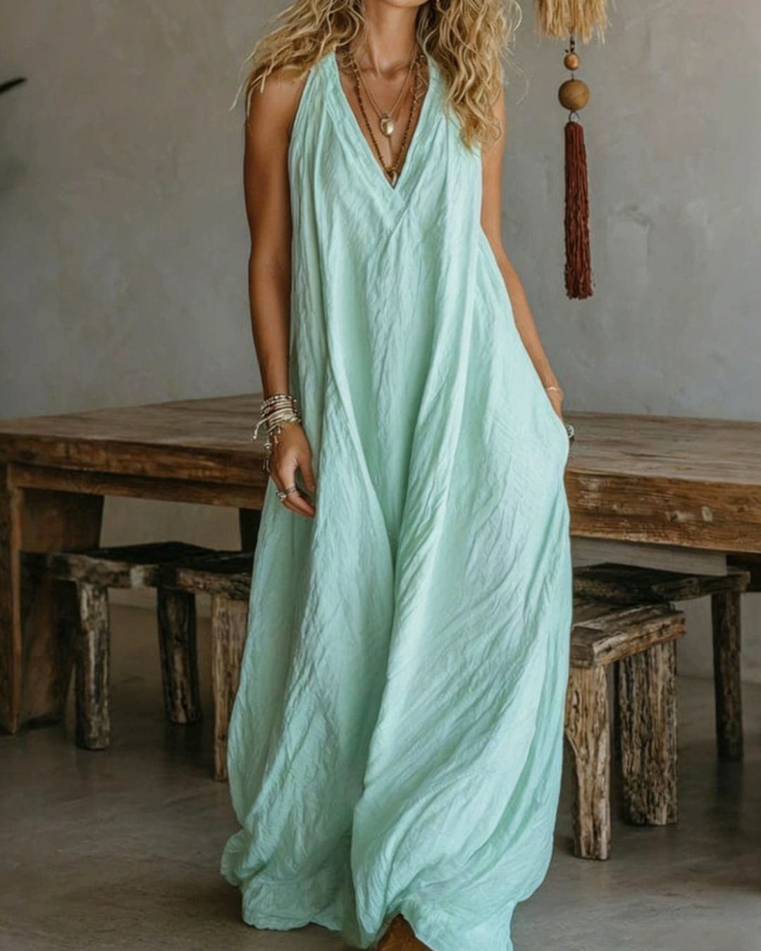 Willluxe® Flowy Boho V-Neck Halter Maxi Dress