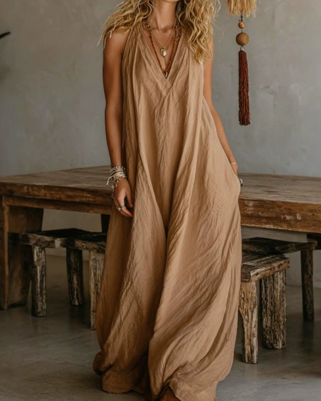 Willluxe® Flowy Boho V-Neck Halter Maxi Dress