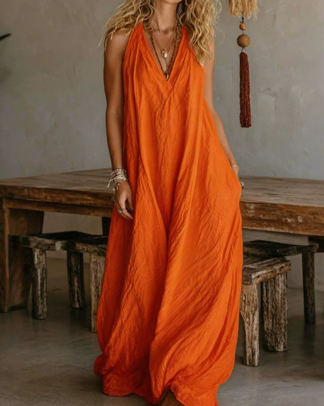 Willluxe® Flowy Boho V-Neck Halter Maxi Dress