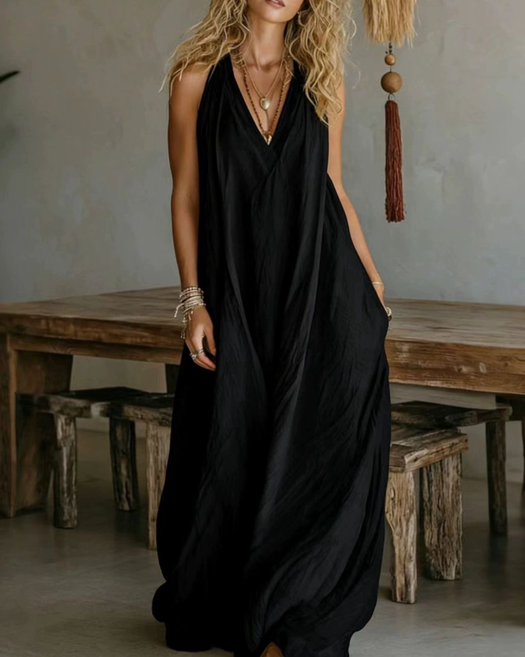 Willluxe® Flowy Boho V-Neck Halter Maxi Dress