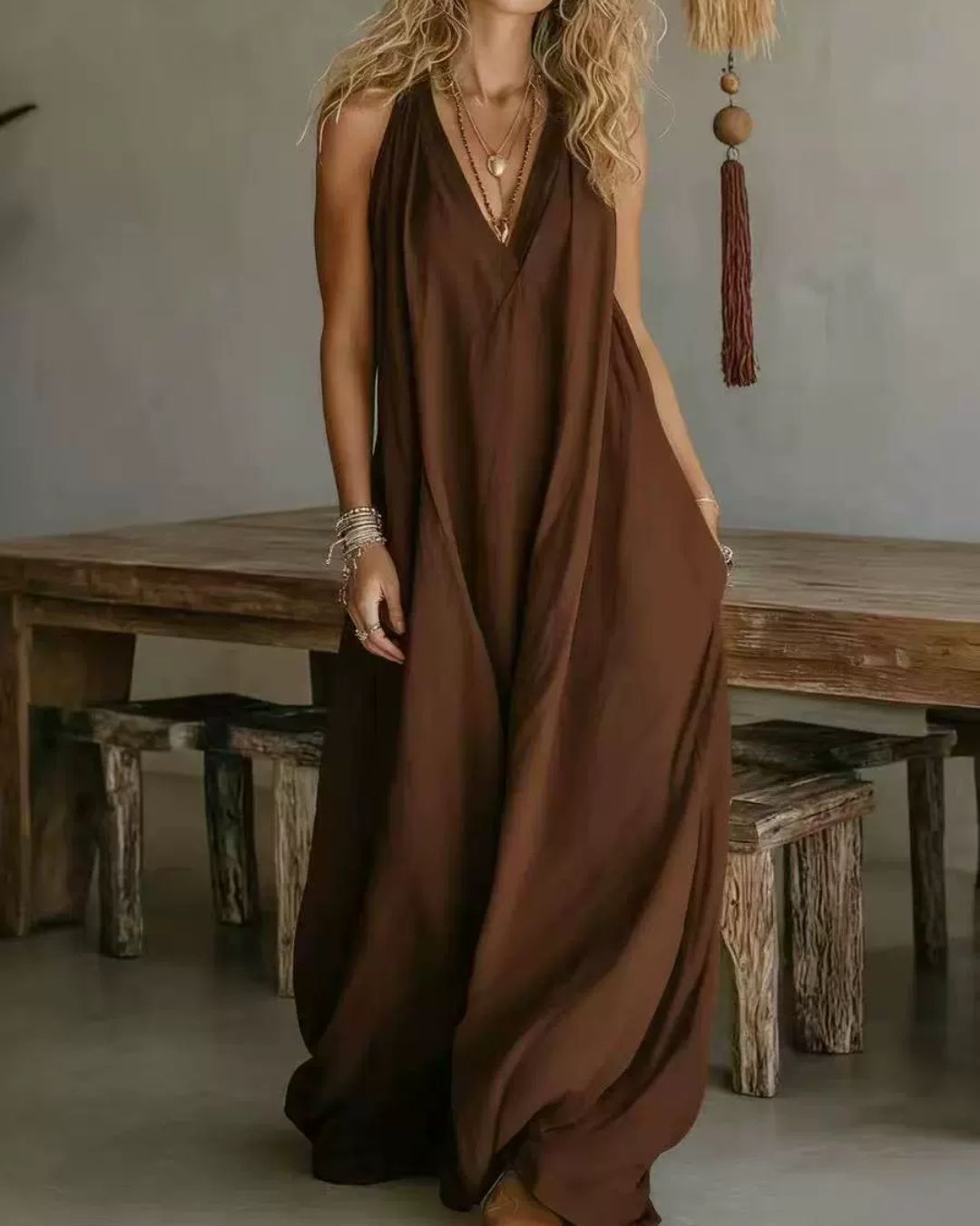 Willluxe® Flowy Boho V-Neck Halter Maxi Dress
