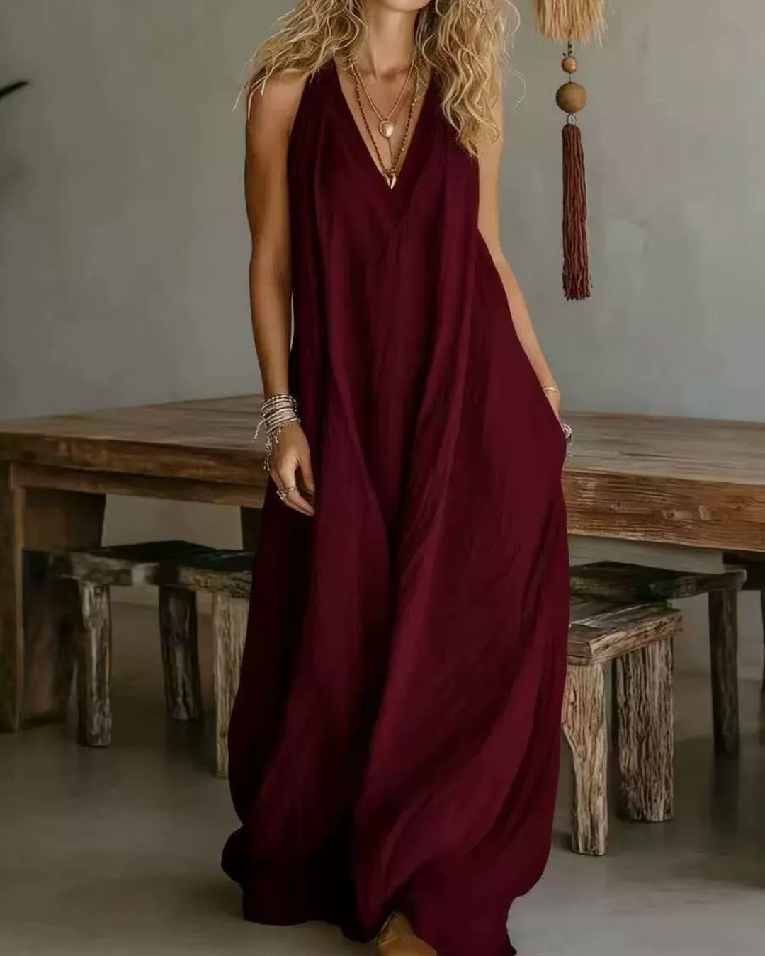 Willluxe® Flowy Boho V-Neck Halter Maxi Dress