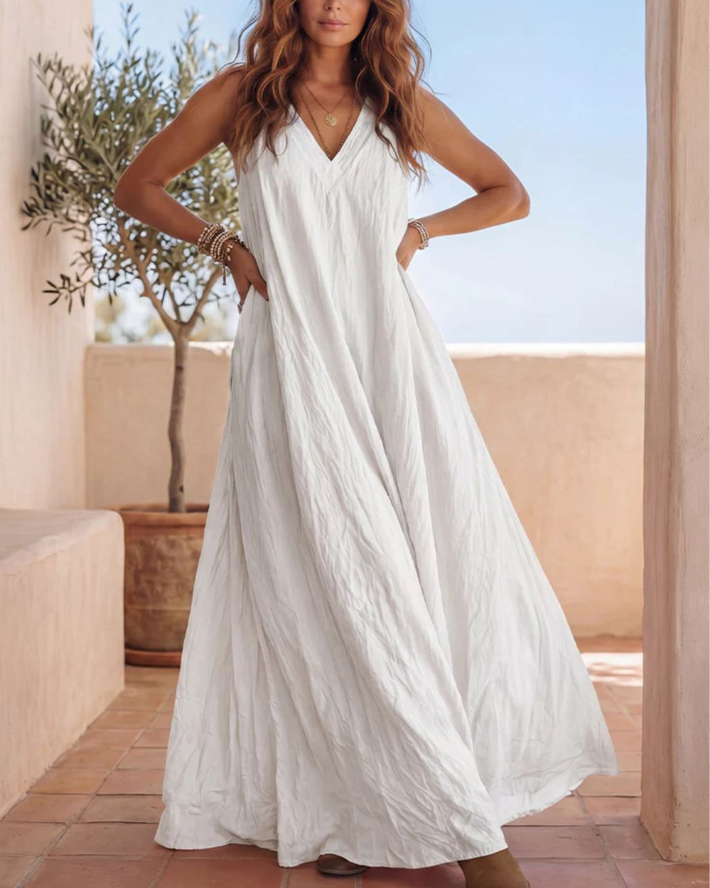 Willluxe® Flowy Boho V-Neck Halter Maxi Dress