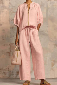 Willluxe® Knitted Fabric Blouse And Long Pants Two-Piece Outfit With Flounce Sleeves