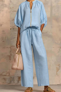 Willluxe® Knitted Fabric Blouse And Long Pants Two-Piece Outfit With Flounce Sleeves