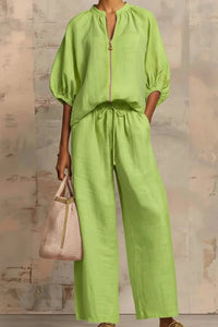 Willluxe® Knitted Fabric Blouse And Long Pants Two-Piece Outfit With Flounce Sleeves