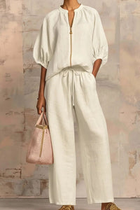 Willluxe® Knitted Fabric Blouse And Long Pants Two-Piece Outfit With Flounce Sleeves