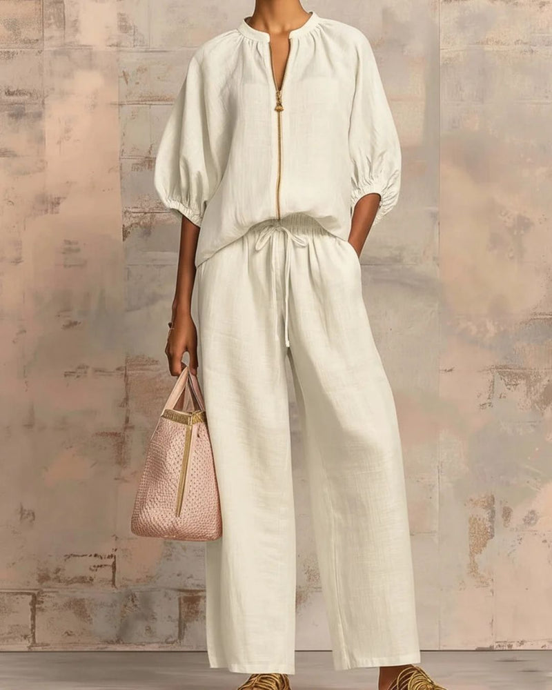 Willluxe® Knitted Fabric Blouse And Long Pants Two-Piece Outfit With Flounce Sleeves
