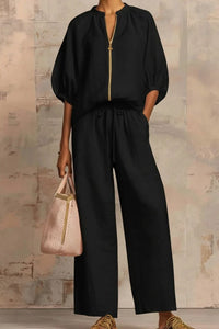 Willluxe® Knitted Fabric Blouse And Long Pants Two-Piece Outfit With Flounce Sleeves