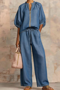 Willluxe® Knitted Fabric Blouse And Long Pants Two-Piece Outfit With Flounce Sleeves