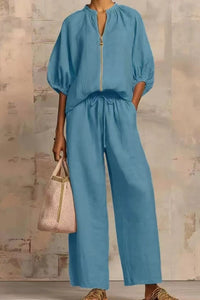 Willluxe® Knitted Fabric Blouse And Long Pants Two-Piece Outfit With Flounce Sleeves
