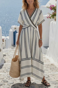 Willluxe® V Neck Short Sleeve Wrap Waist Midi Dress