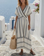 Willluxe® V Neck Short Sleeve Wrap Waist Midi Dress