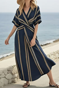 Willluxe® V Neck Short Sleeve Wrap Waist Midi Dress