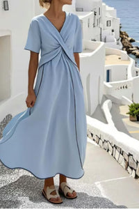 Willluxe® V Neck Short Sleeve Wrap Waist Midi Dress