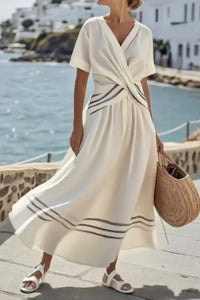 Willluxe® V Neck Short Sleeve Wrap Waist Midi Dress