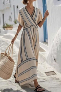 Willluxe® V Neck Short Sleeve Wrap Waist Midi Dress