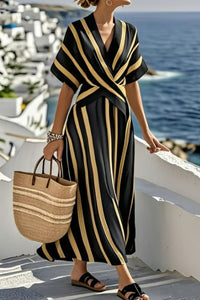 Willluxe® V Neck Short Sleeve Wrap Waist Midi Dress
