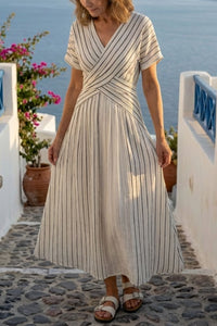 Willluxe® V Neck Short Sleeve Cross Waist Midi Dress