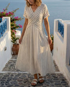 Willluxe® V Neck Short Sleeve Cross Waist Midi Dress
