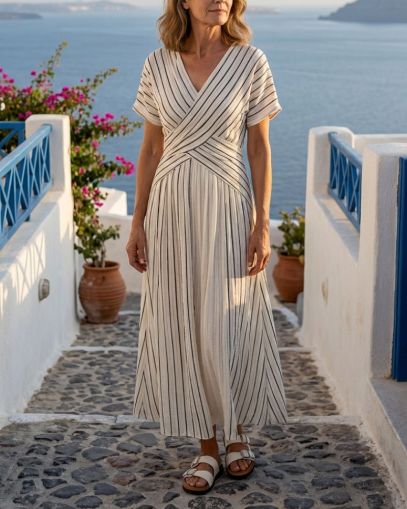 Willluxe® V Neck Short Sleeve Cross Waist Midi Dress