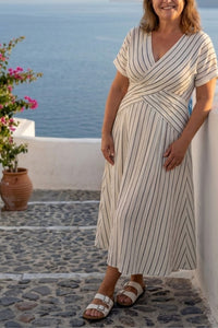 Willluxe® V Neck Short Sleeve Cross Waist Midi Dress