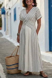 Willluxe® V Neck Short Sleeve Cross Waist Midi Dress
