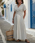 Willluxe® V Neck Short Sleeve Cross Waist Midi Dress