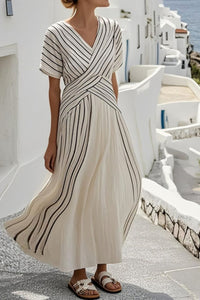 Willluxe® V Neck Short Sleeve Cross Waist Midi Dress