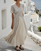 Willluxe® V Neck Short Sleeve Cross Waist Midi Dress