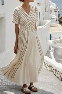 Willluxe® V Neck Short Sleeve Cross Waist Midi Dress