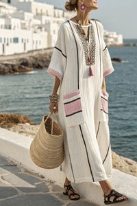 Willluxe® V-Neck Kaftan Maxi Dress with Black Stripe Detail