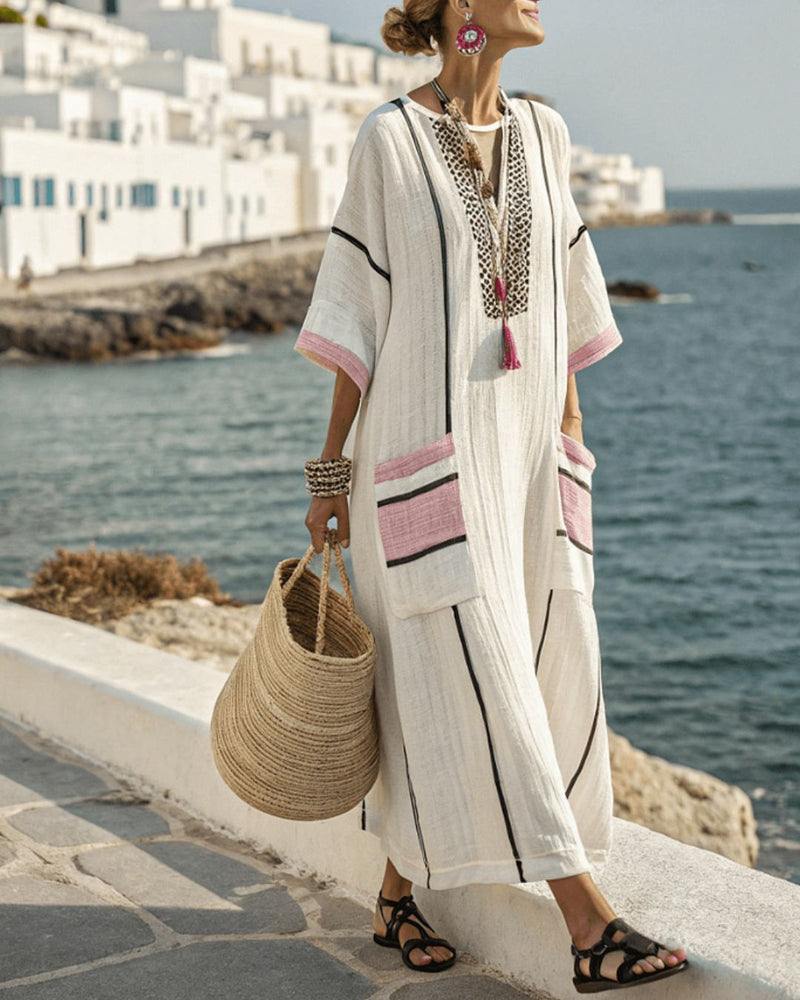 Willluxe® V-Neck Kaftan Maxi Dress with Black Stripe Detail