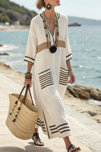 Willluxe® V-Neck Kaftan Maxi Dress with Black Stripe Detail