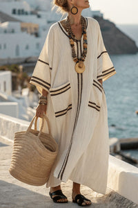 Willluxe® V-Neck Kaftan Maxi Dress with Black Stripe Detail
