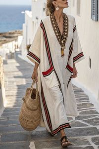 Willluxe® V-Neck Kaftan Maxi Dress with Black Stripe Detail