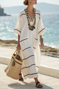 Willluxe® V-Neck Kaftan Maxi Dress with Black Stripe Detail