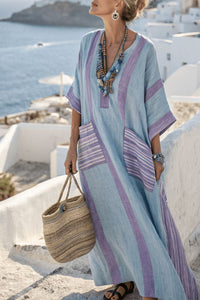 Willluxe® V-Neck Kaftan Maxi Solid Dress with Stripe Detail