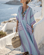 Willluxe® V-Neck Kaftan Maxi Solid Dress with Stripe Detail