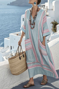 Willluxe® V-Neck Kaftan Maxi Solid Dress with Stripe Detail