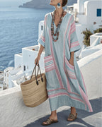 Willluxe® V-Neck Kaftan Maxi Solid Dress with Stripe Detail