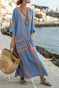 Willluxe® V-Neck Kaftan Maxi Solid Dress with Stripe Detail